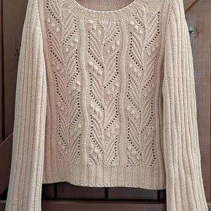 Puede incluir: Un suéter de color melocotón claro con cuello redondo y mangas largas. El suéter presenta un patrón detallado en forma de hoja en la parte delantera y puños y dobladillo acanalados. El suéter está colgado de una percha blanca.