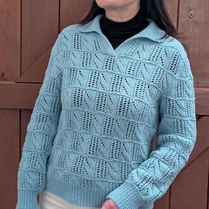 May include: A light blue knitted sweater with a collared neckline and intricate openwork design. The long-sleeved sweater features a ribbed hem and cuffs. The person is wearing a black turtleneck underneath. The background is a wooden door.