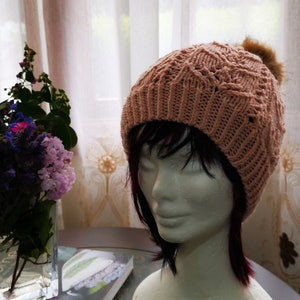 Knitting Pattern Striking Beautiful Tulip Beanie Lace Flower Hat Pom Pom Beanie image 5