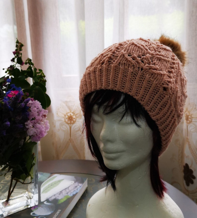 Knitting Pattern Striking Beautiful Tulip Beanie Lace Flower Hat Pom Pom Beanie image 5