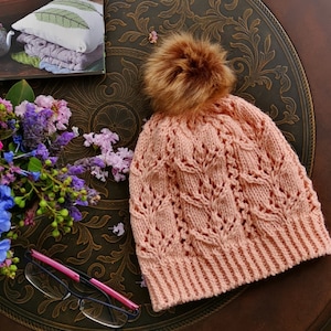 Knitting Pattern Striking Beautiful Tulip Beanie Lace Flower Hat Pom Pom Beanie image 1