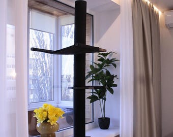 Black Cozy Cat Window Seat With Hammock & Tall Cat Scratching Post – Luxury Cat Window Hammock Mounted Without Drilling For Maximum Comfort
