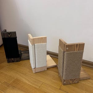 Brown cat scratch post for furniture protection, small jute rope cat scratcher, modern lightweight corner scratching pole, wooden cat furniture for sofas, durable cat scratch tower, pet couch protector
