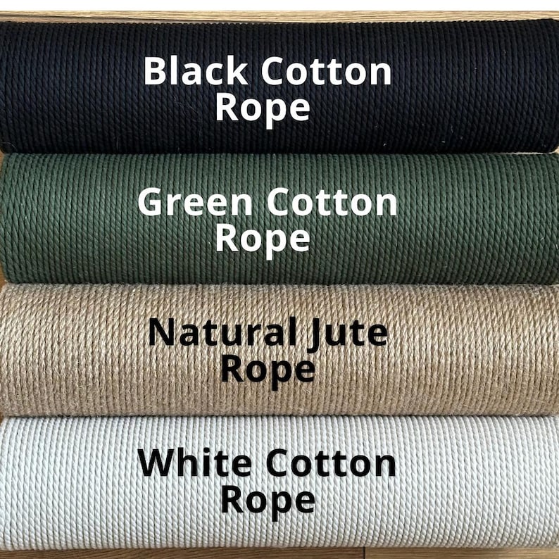May include: Four spools of rope, from top to bottom: black cotton rope, green cotton rope, natural jute rope, and white cotton rope.