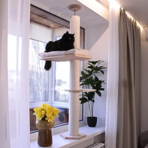 Modern Cat Bed For Windowsill With Cat Cushion & Handmade Cat Climbing Pole – Luxury Cat Window Perch Mounted Securely Without Drilling