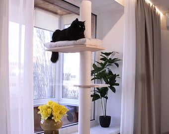Modern Cat Bed For Windowsill With Cat Cushion & Handmade Cat Climbing Pole – Luxury Cat Window Perch Mounted Securely Without Drilling
