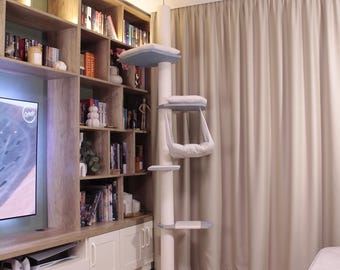 Tall Floor to Ceiling Cat Tree with 2 Beds & Hammock – Adjustable Wood Cat Tower, Modern Climbing Post for Large Cats