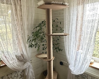Natural Cat Tree Tower – Floor to Ceiling Wooden Cat Tree for Large Cats, Modern Shelves & Scratching Post for Climbing, Cat Lover Gift