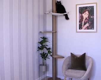 Tall Floor to Ceiling Cat Tree & Cat Hammock, Natural Wood Cat Climbing Tower, Big Cat Scratch Tower, Modern Cat Furniture, Cat Lover Gift