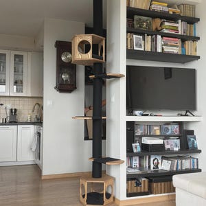 Adjustable Height Cat Tree With Cat Houses and Cat Cushions. Modern Wood Cat Tower, Tension Mounted Climbing Tree with No-drill Installation