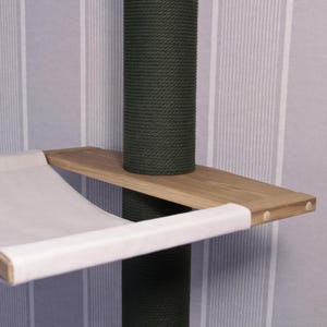 May include: A cat tree with a white hammock and a wooden platform. The platform is attached to a green sisal-covered post.