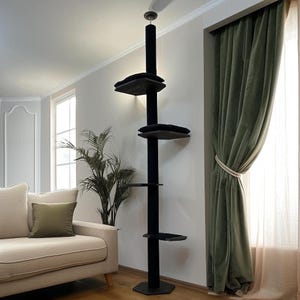 Adjustable Floor to Ceiling Cat Tree, Modern Cat Tower, Two Beds Black + Black Cotton