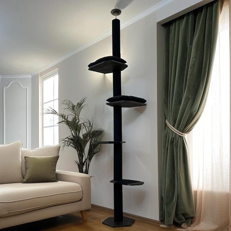 Adjustable Floor to Ceiling Cat Tree, Modern Cat Tower, Two Beds Black + Black Cotton