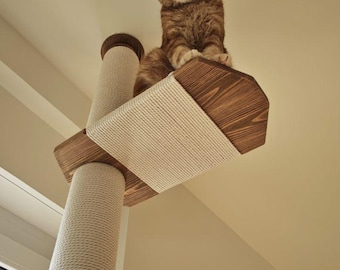 Natural Wood Cat Shelf, Jute/Cotton Rope, Floor to Ceiling Cat Tree