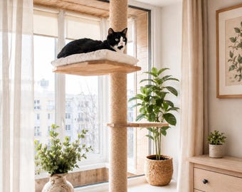 Kattenvensterplatform met krabpaal, vensterbankzitplaats voor katten, in hoogte verstelbaar klimstation voor katten (zonder boren)