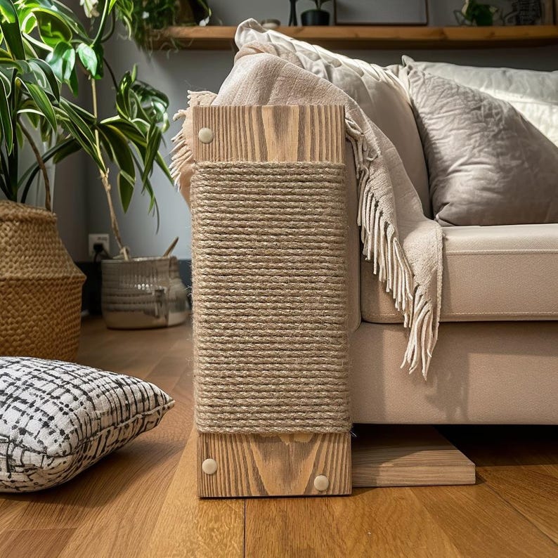 May include: A natural wood cat scratching post with a sisal rope scratching surface. The post is rectangular and has a wooden base and top. The sisal rope is tightly wrapped around the center section. The post is next to a beige sofa.
