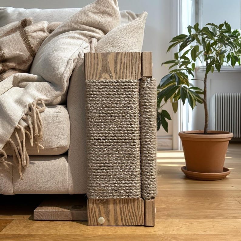 May include: A wooden cat scratching post with a natural rope wrapping. The post is rectangular and has a light wood finish. The rope is a neutral beige color, and the post is placed next to a beige sofa. A potted plant is in the background.