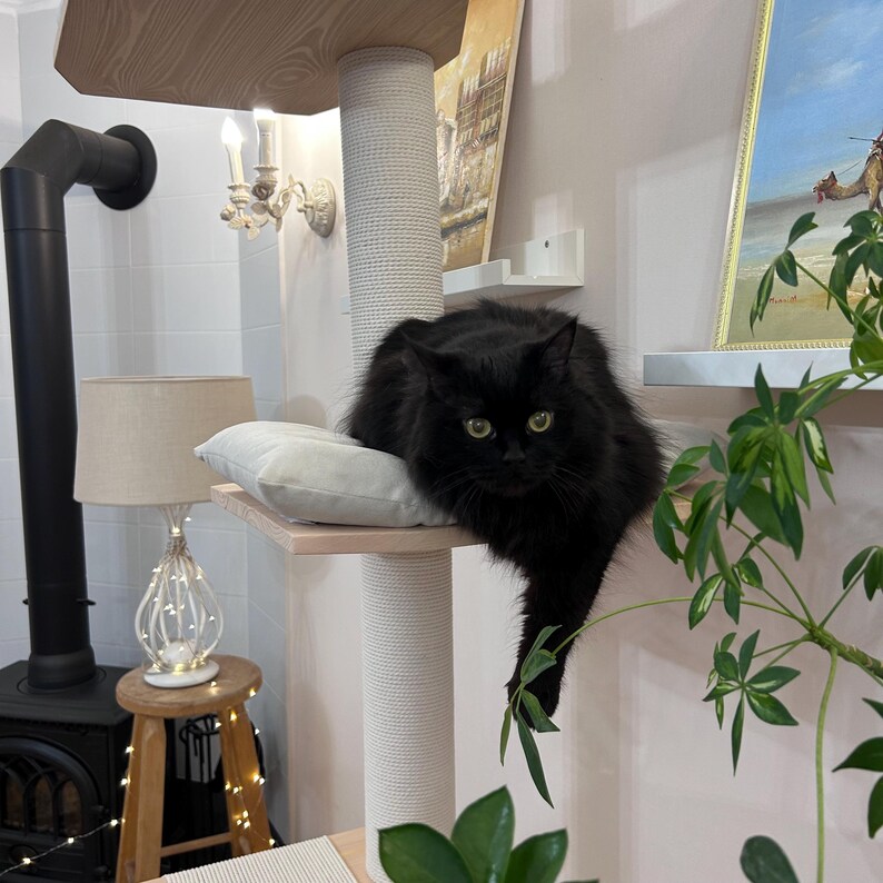 May include: A black cat with green eyes sits on a white cat tree with a beige cushion. The cat tree has a white rope wrapped around the post. The cat is looking at the camera.