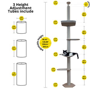 May include: A beige cat tree with three platforms and a hammock. The cat tree is adjustable in height from 98.43 inches to 120.08 inches. The cat tree is made of wood and has a beige fabric covering. The cat tree is shown with a black and white cat sitting in the hammock. The cat tree is also shown with three different sized tubes that can be used to adjust the height of the cat tree.