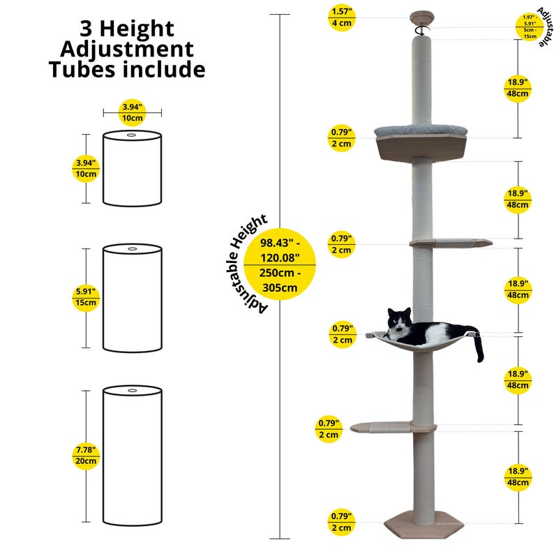 May include: A beige cat tree with three platforms and a hammock. The cat tree is adjustable in height from 98.43 inches to 120.08 inches. The cat tree is made of wood and has a beige fabric covering. The cat tree is shown with a black and white cat sitting in the hammock. The cat tree is also shown with three different sized tubes that can be used to adjust the height of the cat tree.