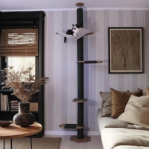 Tall Climber Cat Tree with Hammock, No-drill Tension Mounted Installation. Modern Floor to Ceiling Cat Tree Tower, Luxury Cat Tree