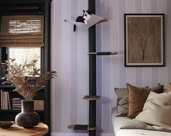 Tall Climber Cat Tree with Hammock, No-drill Tension Mounted Installation. Modern Floor to Ceiling Cat Tree Tower, Luxury Cat Tree