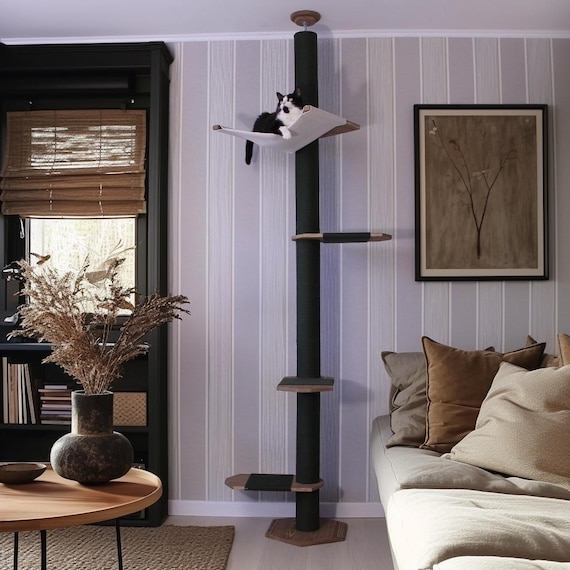 Tall Climber Cat Tree with Hammock, No-drill Tension Mounted Installation. Modern Floor to Ceiling Cat Tree Tower, Luxury Cat Tree