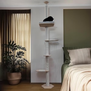 Natural Cat Tree Tower – Modern Cat Furniture with Cushion, Floor to Ceiling Cat Tower for Large Cats, No-drill Tension Mounted Installation White + White Cotton