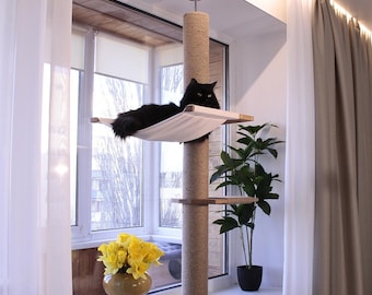 Natural Jute Windowsill Cat Perch With Cat Hammock & Wooden Cat Climbing Pole – Durable No Drill Cat Window Shelf For Cats and Kittens