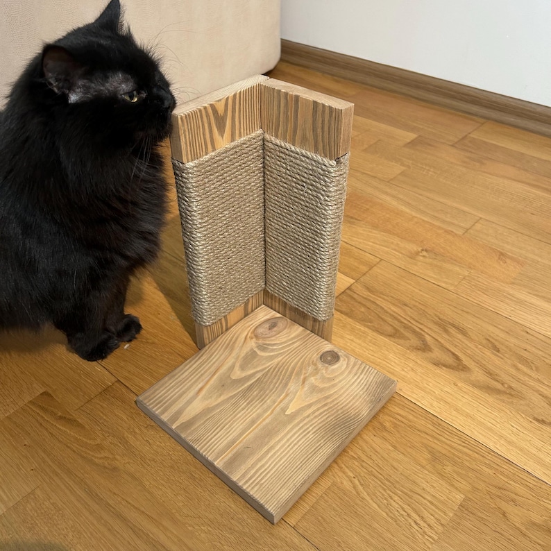 Wood cat scratch post with jute rope, small brown furniture protector for cats, modern cat scratcher tower, lightweight corner scratching pole, pet furniture for cats, sofa scratcher post, wooden couch protector