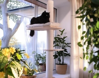 Adjustable Windowsill Cat Cushion With Cat Scratching Post & Cozy Cat Window Bed – Reliable Tension Mounted Cat Shelf For Relaxed Cat Naps
