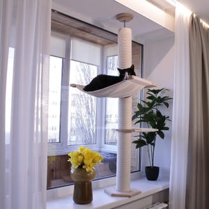 White Comfy Cat Window Perch With Cat Scratcher Pole & Adjustable Cat Window Bed Mounted Without Drilling For Secure Cat Resting Window Spot