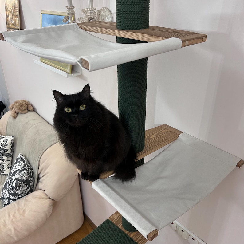 Modern Wooden Cat Tree Tower with 2 Comfortable Hammocks, Green Rope Scratching Posts, and Wide Shelves – Durable and Eco-Friendly Cat Furniture for Climbing, Scratching, and Lounging