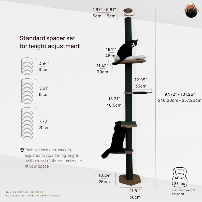 Natural Cat Tree Tower – Modern Cat Furniture with Cushion, Floor to Ceiling Cat Tower for Large Cats, No-drill Tension Mounted Installation image 7