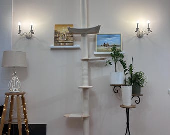 White Wooden Floor to Ceiling Cat Tree, Hammock, Modern Cat Tower