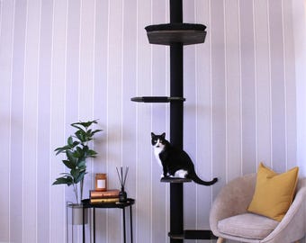 XL Floor-to-Ceiling Cat Tree – Black Wood, No-Drill, Modern Cat Tower