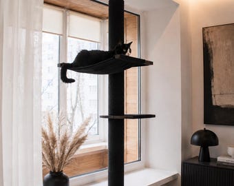 Kattenhangmat voor aan het raam met klimpaal, kattenbed voor aan het raam, kattenzitplaats op de vensterbank, kattenboom voor aan het raam met spansysteem