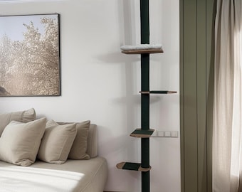 Green Tall Cat Tree Tower with Cat Wooden Shelves & Cozy Cat Bed with White Pillow, Floor to Ceiling Tall Cat Tree for Large Cat, Cat Gift