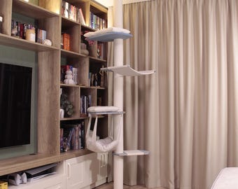 Tall Climbing Floor to Ceiling Cat Tree with 2 Beds, Cat Hammock & Cat Hanging Hammock. Modern Cat Tower, Tension Cat Tree for Large Cats