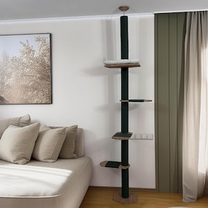 Natural Cat Tree Tower – Modern Cat Furniture with Cushion, Floor to Ceiling Cat Tower for Large Cats, No-drill Tension Mounted Installation White + Green Cotton