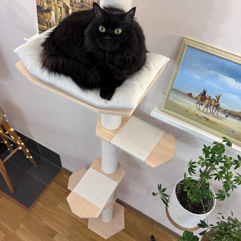 Natural Cat Tree Tower – Modern Cat Furniture with Cushion, Floor to Ceiling Cat Tower for Large Cats, No-drill Tension Mounted Installation image 10