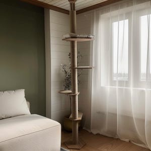 Natural Cat Tree Tower – Modern Cat Furniture with Cushion, Floor to Ceiling Cat Tower for Large Cats, No-drill Tension Mounted Installation