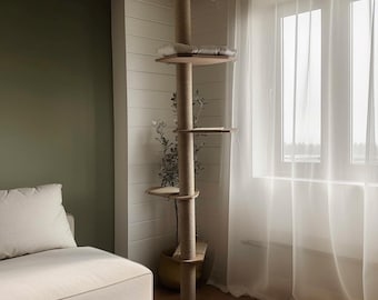 Natural Cat Tree Tower – Modern Cat Furniture with Cushion, Floor to Ceiling Cat Tower for Large Cats, No-drill Tension Mounted Installation
