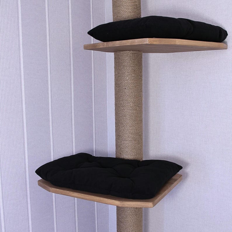 Adjustable Floor to Ceiling Cat Tree, Modern Cat Tower, Two Beds Black + Natural Jute