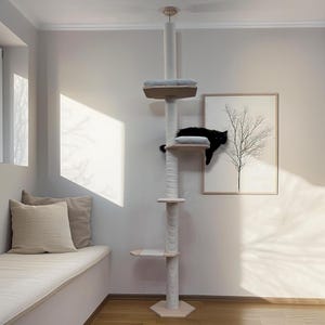 Adjustable Floor to Ceiling Cat Tree, Modern Cat Tower, Two Beds White + White Cotton