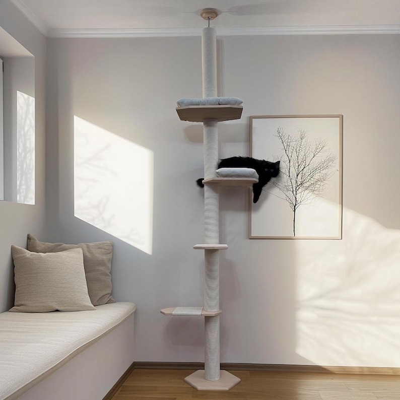 Adjustable Floor to Ceiling Cat Tree, Modern Cat Tower, Two Beds White + White Cotton