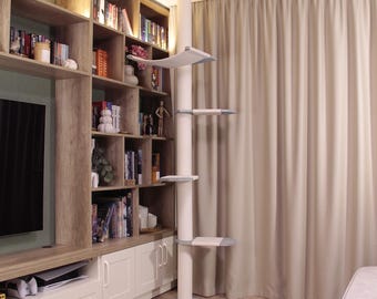 Adjustable Floor to Ceiling Cat Tree, Natural Wood Climbing Pole, XL Cat Hammock
