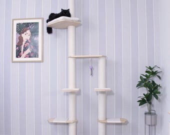 Stable Cat Tree with Washable Cushion Bed, Floor to Ceiling Cat Tower, Luxury Wooden Cat Tree Tower, Modern Wooden Cat Tree for Large Cats