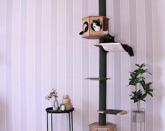 Adjustable Floor To Ceiling Cat Tree With Cozy Cat Houses & Hammock – Modern Freestanding Wooden Cat Tower, Luxury Cat Furniture, Cat Gift