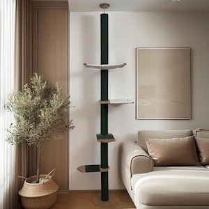 Tension Mounted Large Cat Tree with 2 Cat Hammocks, Floor to Ceiling Cat Tree Tower, Wooden Cat Tree with No-drill Installation